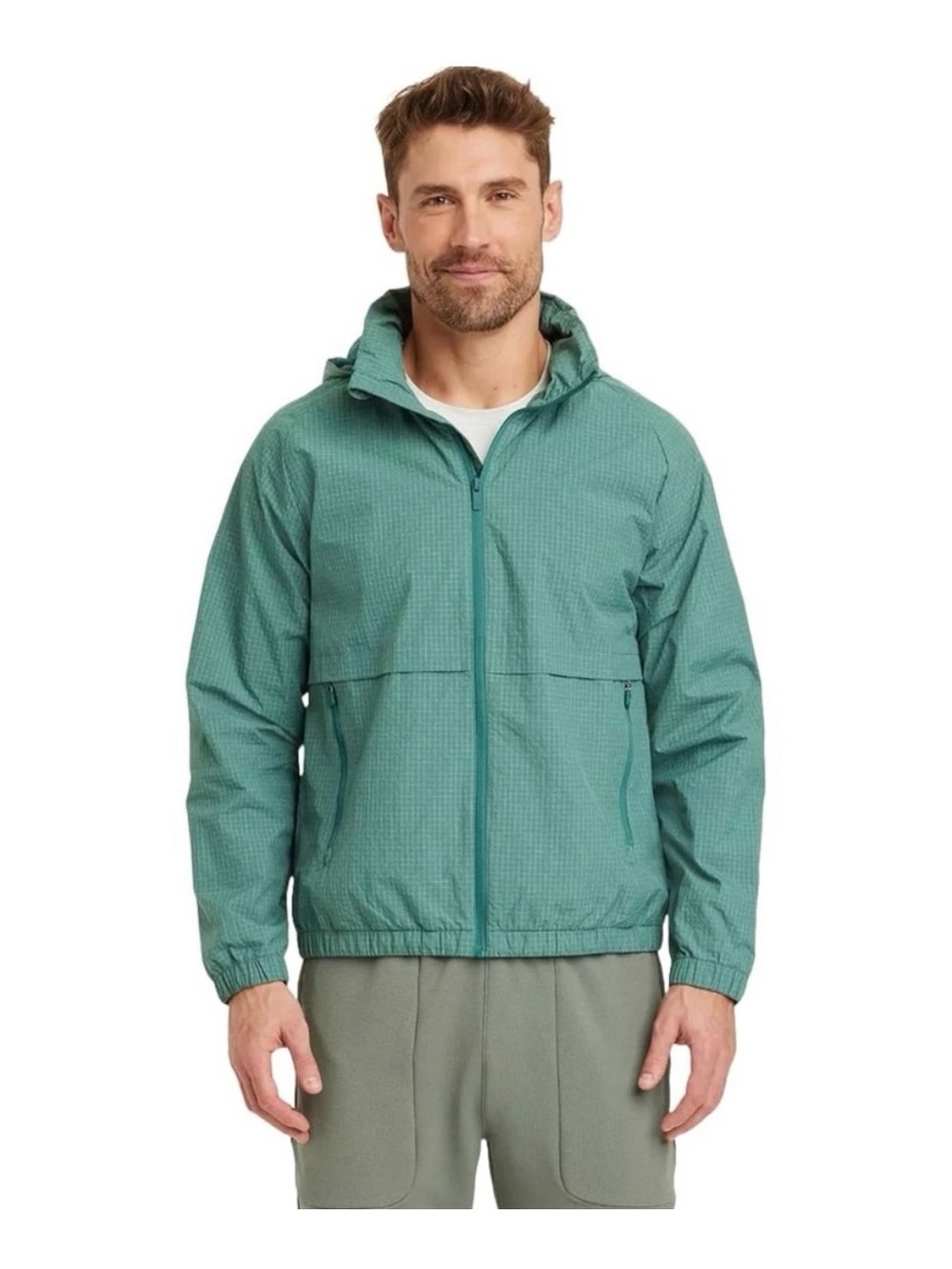 Men's Hooded All in Motion packable jacket White and Green Grid Pattern 2XL